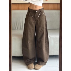 批发美式复古廓形弯刀工装<b class='q'>牛仔裤</b>女新款宽松阔腿显瘦休闲直筒拖地裤子