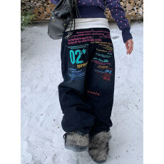 批发美式复古彩色字母标语阔腿<b class='q'>牛仔裤</b>男女宽松街头休闲直筒长裤