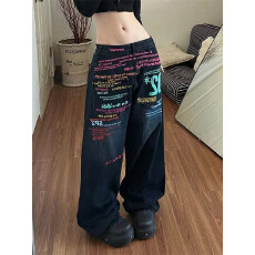 批发美式复古彩色字母标语阔腿<b class='q'>牛仔裤</b>女秋冬宽松街头休闲直筒拖地长裤