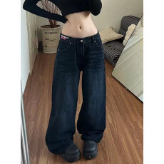 批发美式复古彩色字母标语阔腿<b class='q'>牛仔裤</b>女秋冬宽松街头休闲直筒拖地长裤