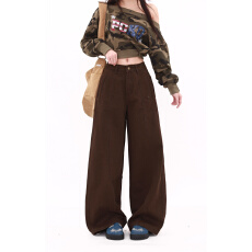 批发实拍 美式高腰宽松咖色<b class='q'>牛仔裤</b>辣妹修身新款胖MM直筒垂感阔腿长裤