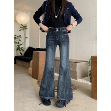 批发实拍 美式复古蓝灰为喇叭裤双扣弹力高腰修身显瘦<b class='q'>牛仔裤</b>女