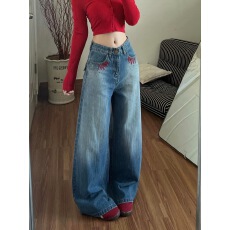 批发美式复古重工烫钻刺绣牛仔裤女小个子裤子春<b class='q'>秋</b>高腰宽松垂感阔腿裤