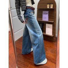 批发美式复古蓝刺绣阔腿牛仔裤女<b class='q'>秋</b>冬新款烫钉设计感宽松显瘦拖地裤子