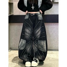 批发大码美式复古迷彩拼接弯刀牛仔裤男女街头设计感宽松百搭阔腿长裤