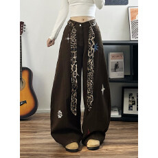 批发美式豹纹腰带牛仔裤裤子女款2026春季新款宽松显瘦阔腿拖地裤