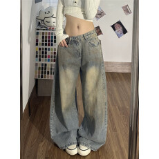 批发废土风脏染做旧牛仔裤裤子女款2026春季新款高街宽松阔腿裤弯刀裤