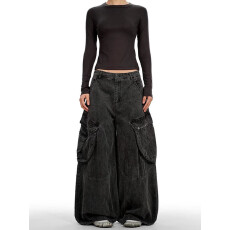 批发春夏新概念2026新款美式复古翻边直筒阔腿拖地裤工装牛仔裤<b class='q'>女</b>长裤