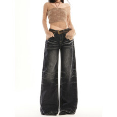 批发高端潮牌新款牛仔女cleanfit高街美式水洗<b class='q'>裤子</b>微喇复古宽松长裤<b class='q'>男</b>