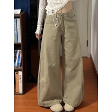 小个子卡其色阔腿垂感牛仔裤女春秋2026新款高腰显瘦直筒裤子