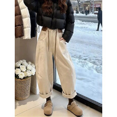 批发米白色弯刀牛仔裤女春秋季新款小个子高腰显瘦阔腿<b class='q'>哈伦</b>裤