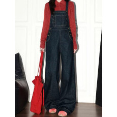 批发美式复古深蓝牛仔<b class='q'>背带裤</b>女秋季超火宽松减龄连体阔腿裤