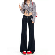 丹宁蓝窄版微喇牛仔裤女春秋新款原色低腰美式辣妹直筒裤子