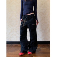 批发美式复古cleanfit铆钉多口袋工装男女宽松阔腿<b class='q'>秋</b>冬百搭长裤子