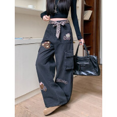 批发实拍实价~复古豹纹贴布毛巾绣<b class='q'>牛仔</b>裤女春季新款宽松阔腿裤子ins潮