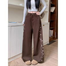 批发实拍实价~刺<b class='q'>绣花</b>设计感水洗<b class='q'>牛仔裤</b>新款高腰宽松显瘦直筒阔腿裤子