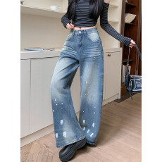 批发实拍实价~美式复古高街水洗泼墨弯刀<b class='q'>牛仔</b>裤女做旧宽松阔腿拖地裤