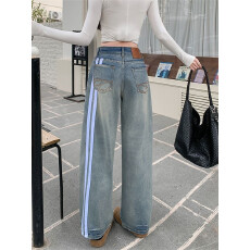 批发实拍实价~设计感刺绣美式弯刀直筒<b class='q'>牛仔</b>裤女显瘦宽松水洗拖地裤子