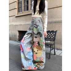 美式复古趣味卡通图案牛仔裤女辣妹街头彩绘涂鸦设计感阔腿裤