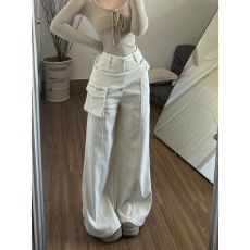 白色屁帘微喇工装裤裤子女款2026春季新款设计感宽松直筒裤喇叭裤