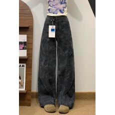 批发黑灰色印花阔腿工装高腰<b class='q'>牛仔裤</b>女2026春季新款宽松<b class='q'>显瘦</b>直筒拖地裤