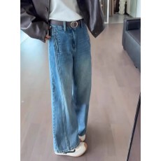 批发大码复古蓝色<b class='q'>牛仔裤</b>女春季胖mm梨形身材宽松高腰<b class='q'>显瘦</b>直筒阔腿裤子
