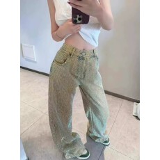批发满钻高质量 原创沐森设计感水晶钻水洗做旧牛仔<b class='q'>裤</b>女春宽松阔腿