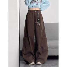 批发美拉德咖色街头复古工装<b class='q'>牛仔裤</b>女小个子高腰宽松<b class='q'>显瘦</b>阔腿休闲长裤