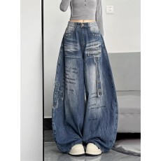 批发美式复古铆钉弯刀<b class='q'>牛仔裤</b>女2026春夏季新款设计感宽松<b class='q'>显瘦</b>阔腿裤子