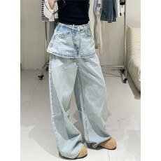 批发韩系沐沐时尚气质设计感休闲<b class='q'>牛仔裤</b>女宽松<b class='q'>显瘦</b>百搭高腰直筒阔腿裤