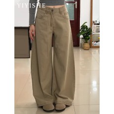 批发美式卡其色高腰阔腿<b class='q'>牛仔裤</b>女2026春秋新款<b class='q'>显瘦</b>宽松垂感拖地裤情侣