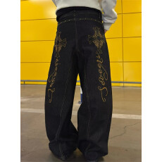 批发2026十八先生春秋高腰图案设计男女同款阔腿直筒刺绣纹理牛仔<b class='q'>裤</b>子