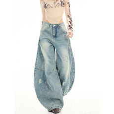 批发美式弯刀牛仔裤女春季薄款中性破洞酷飒爵士舞宽松阔腿镰刀<b class='q'>裤子</b>男