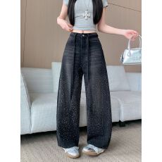 批发实拍实价~黑色烫钻阔腿<b class='q'>牛仔裤</b>女高腰休闲春季新款宽松直筒拖地裤