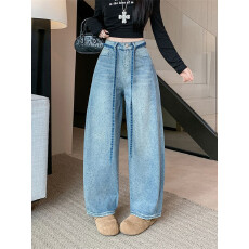 批发实拍实价~蓝色烫钻阔腿<b class='q'>牛仔裤</b>女高腰休闲春季新款宽松直筒拖地裤