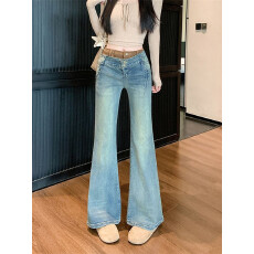 批发实拍实价~复古拼接低腰微喇<b class='q'>牛仔裤</b>女春季设计感直筒显瘦<b class='q'>喇叭</b>裤子