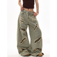 批发美式复古废土风水洗做旧破洞牛仔<b class='q'>裤</b>高级辣妹小众遮肉阔腿<b class='q'>裤</b><b class='q'>拖地</b><b class='q'>裤</b>