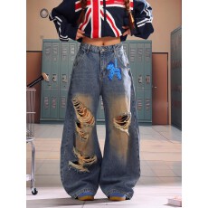 批发美式高街破洞小马印花牛仔裤女2026春夏春复古弯刀裤长裤休闲裤