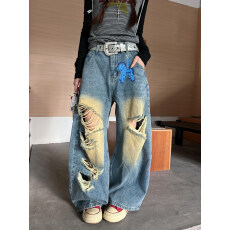 批发美式高街复古小马印花脏染破洞阔腿牛仔裤男女春夏宽松弯刀拖地裤