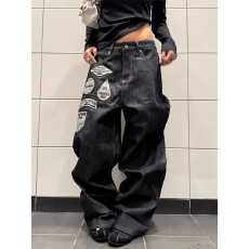 批发美式复古高街贴布刺绣原牛色牛仔裤男女春秋宽松直筒百搭长裤ins