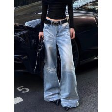 批发潮流原宿流行新款阔腿牛仔裤猫须复古宽松拖地长裤慵懒无品牌ins