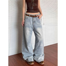 浅蓝色渐变裤子男2026春秋情侣ins美式校园风宽松直筒阔腿牛仔裤