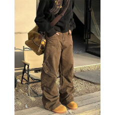 批发美式复古工装风宽松<b class='q'>阔腿裤</b>男女高街多口袋宽松垂感休闲牛仔裤