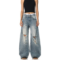 批发2026美式复古痞帅做旧破洞牛仔裤女新款高街宽松直筒阔腿长裤子