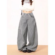 批发美式复古弯刀牛仔裤女春秋新款高街设计感宽松休闲显瘦阔腿拖地裤