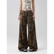 批发破洞阔腿长裤美式新塘佐依迷彩牛仔裤男女春夏休闲宽松直筒裤子