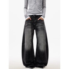 批发美式复古痞帅做旧弯刀<b class='q'>牛仔裤</b>男女春夏宽松<b class='q'>休闲</b>vintage阔腿长裤