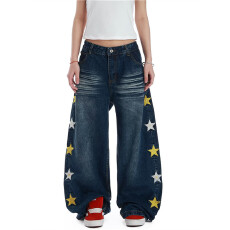 批发潮流牛仔很忙星星<b class='q'>牛仔裤</b>百搭水洗做旧弯刀<b class='q'>休闲</b>裤男女小众宽松长裤