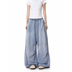 批发美式街头褶皱松紧腰阔腿<b class='q'>牛仔裤</b>男女宽松休闲hiphop垂感裤子潮夏季