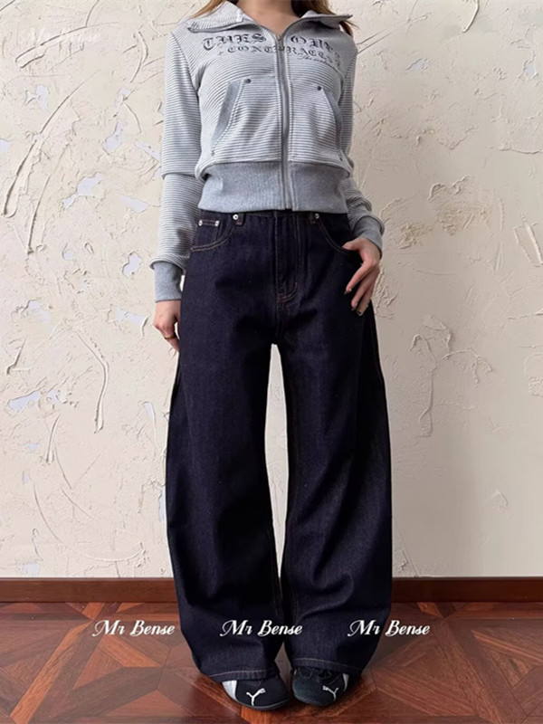 원본 암소 단 닝 색상 파리 버클 2026ootd 청바지 여자 봄 가을 캐주얼 바지 루즈핏 스트레이트 긴 바지